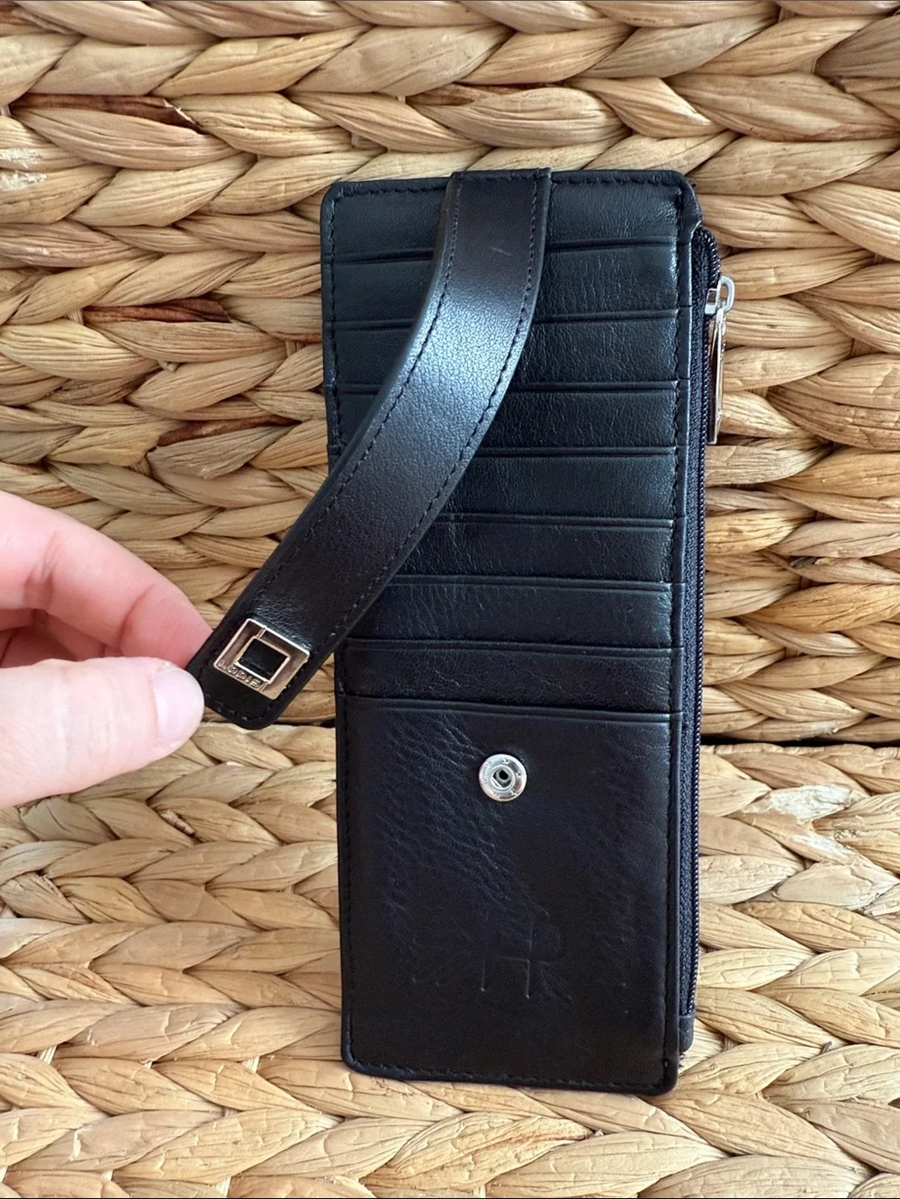 Lodis Black Leather Zip Card Holder with Strap and Silver Buckle